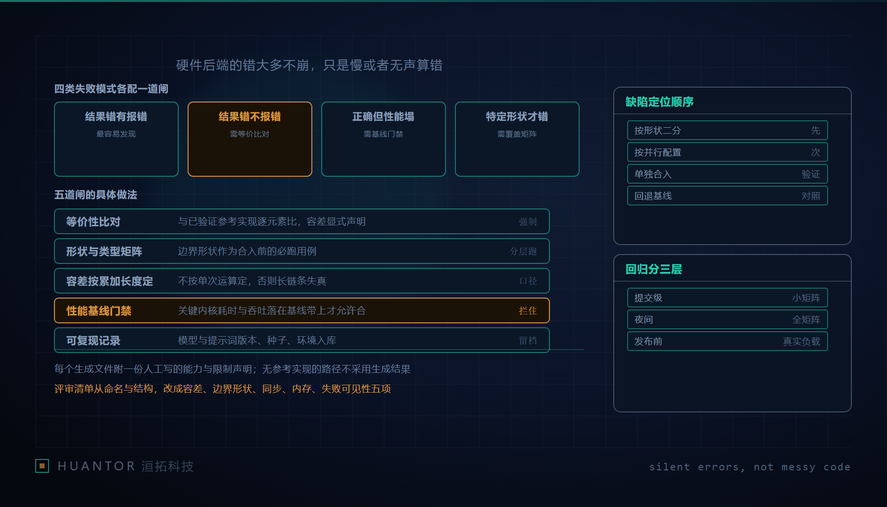 两道同样的输入分别送进参考实现与新生成的内核,输出在一张比对台上按容差逐元素对齐,旁边挂着一块显示耗时区间的标尺