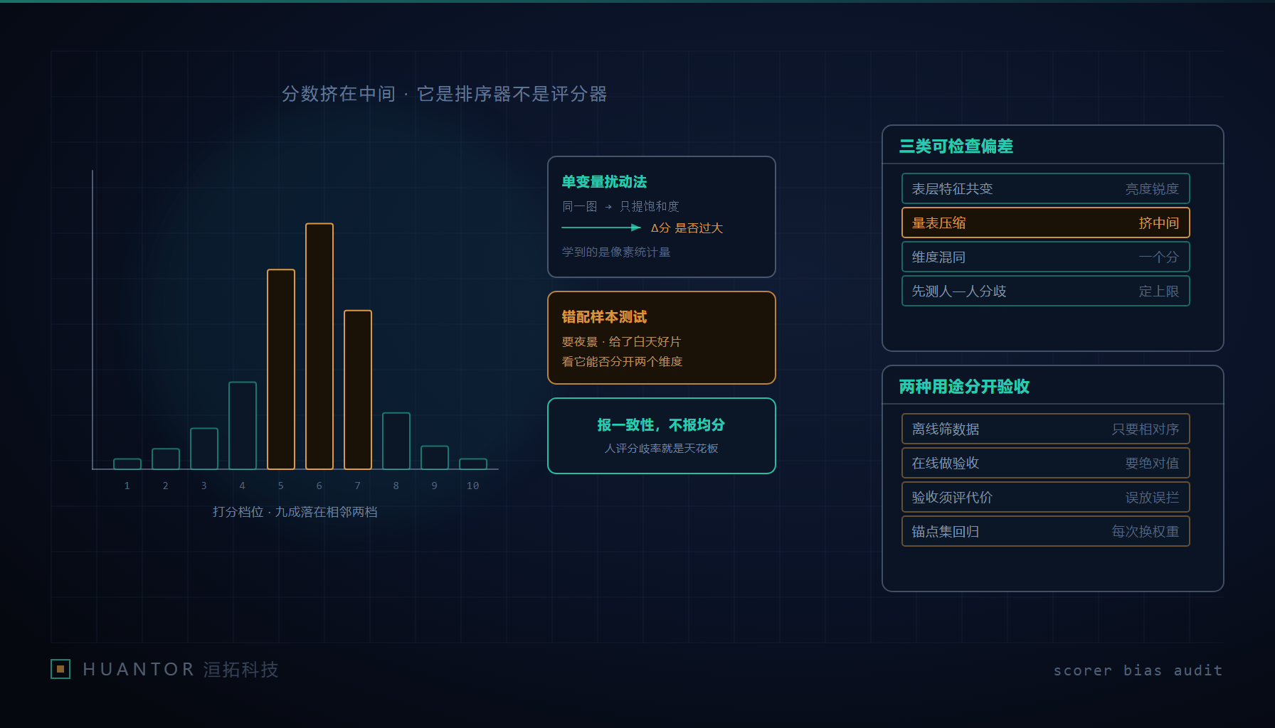 评分分布挤在相邻两档,说明它是排序器而不是评分器
